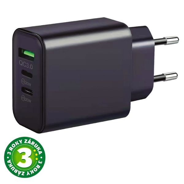 USB nabíjecí adaptér do sítě 5V/3A, 1xUSB A QC 3.0, 2xUSB C, rychlonabíjení, černý, 3 roky
