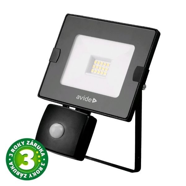 Prémiový ultratenký LED reflektor s čidlem pohybu černý  10W 1000lm, studená, 3 roky