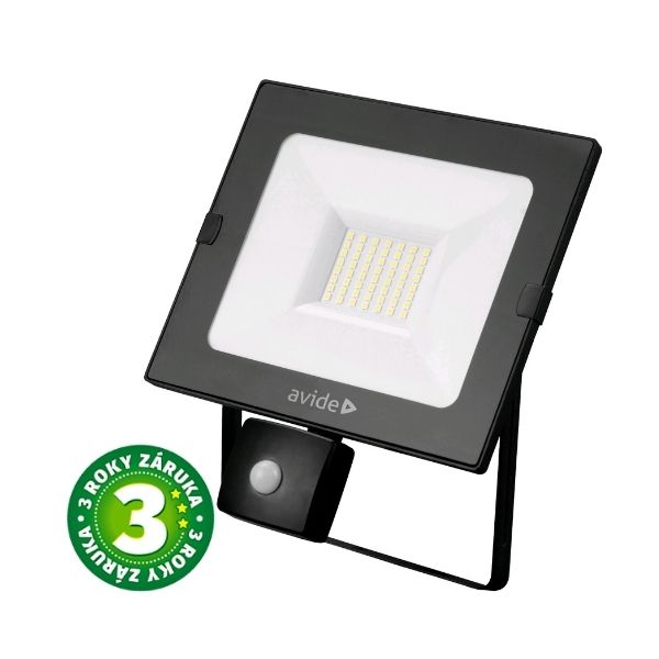 Prémiový ultratenký LED reflektor s čidlem pohybu černý 30W 3000lm, denní, 3 roky