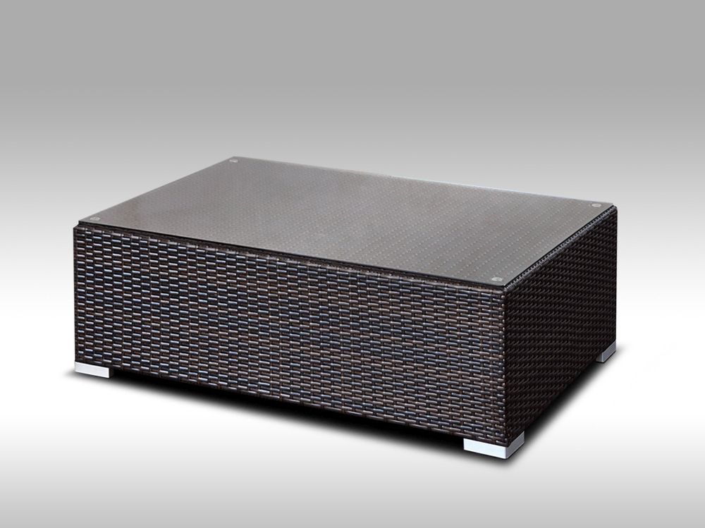 Konferenční stolek z umělého ratanu CONCHETTA hnědý - VÝPRODEJ vada sklo