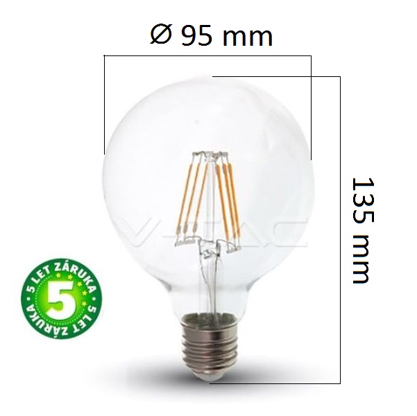 Prémiová retro LED žárovka E27 SAMSUNG čipy 6W 806lm G95 teplá, filament