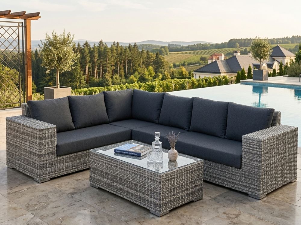 Zahradní set – exkluzivní souprava Bianca 2 pro 6 osob, kulatý šedý umělý ratan 303x240cm