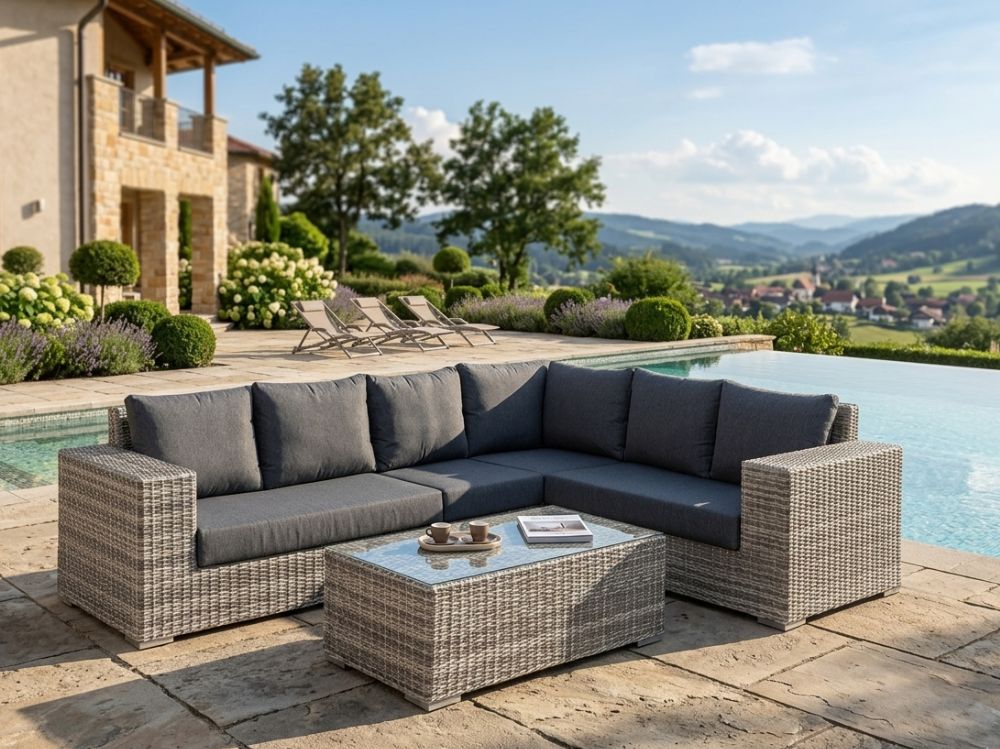 Zahradní set – exkluzivní souprava Bianca 3 pro 6 osob, kulatý šedý umělý ratan 240x303cm