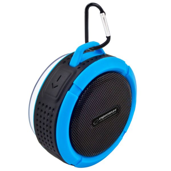 Bluetooth reproduktor 3W, nabíjecí, přenosný, s mikrofonem a karabinou, voděodolný, modrý