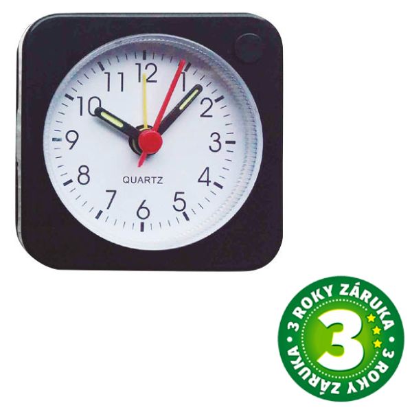Malý analogový budík Dovelis, 6cm, na 1 baterii AA, tichý chod, černý, 3 roky záruka