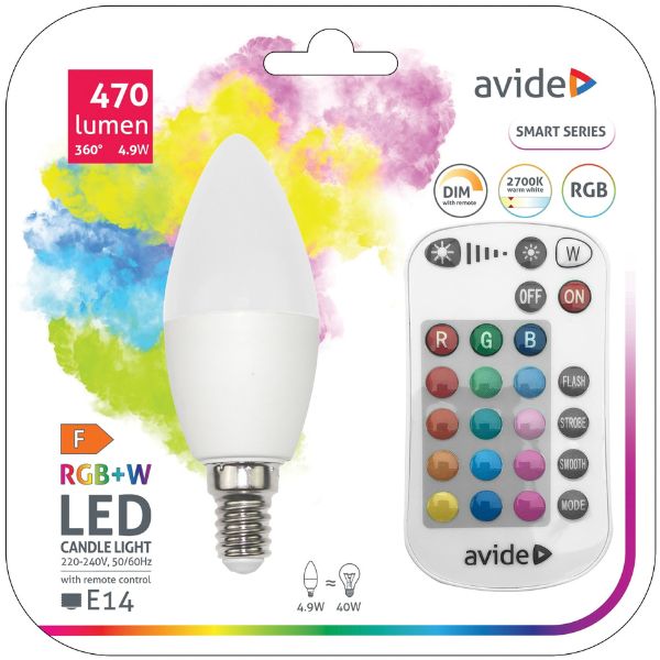 Chytrá LED žárovka E14 4,9W RGB+W, stmívatelná, s dálkovým ovládáním, ekv. 40W,  3 roky