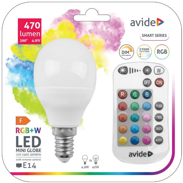 Chytrá LED žárovka  E14 4,9W RGB+W, stmívatelná G45 s dálkovým ovládáním, ekv. 40W, 3 roky