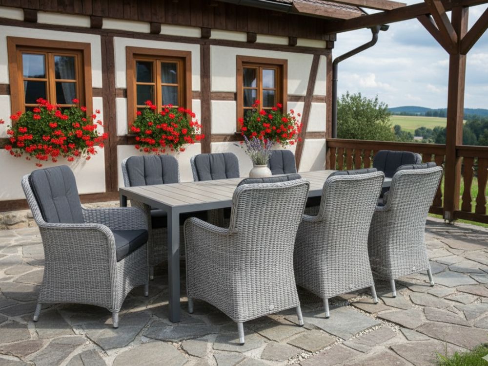 Hliníkový zahradní nábytek stůl Bergamo 217cm a 8 křesel Manchester