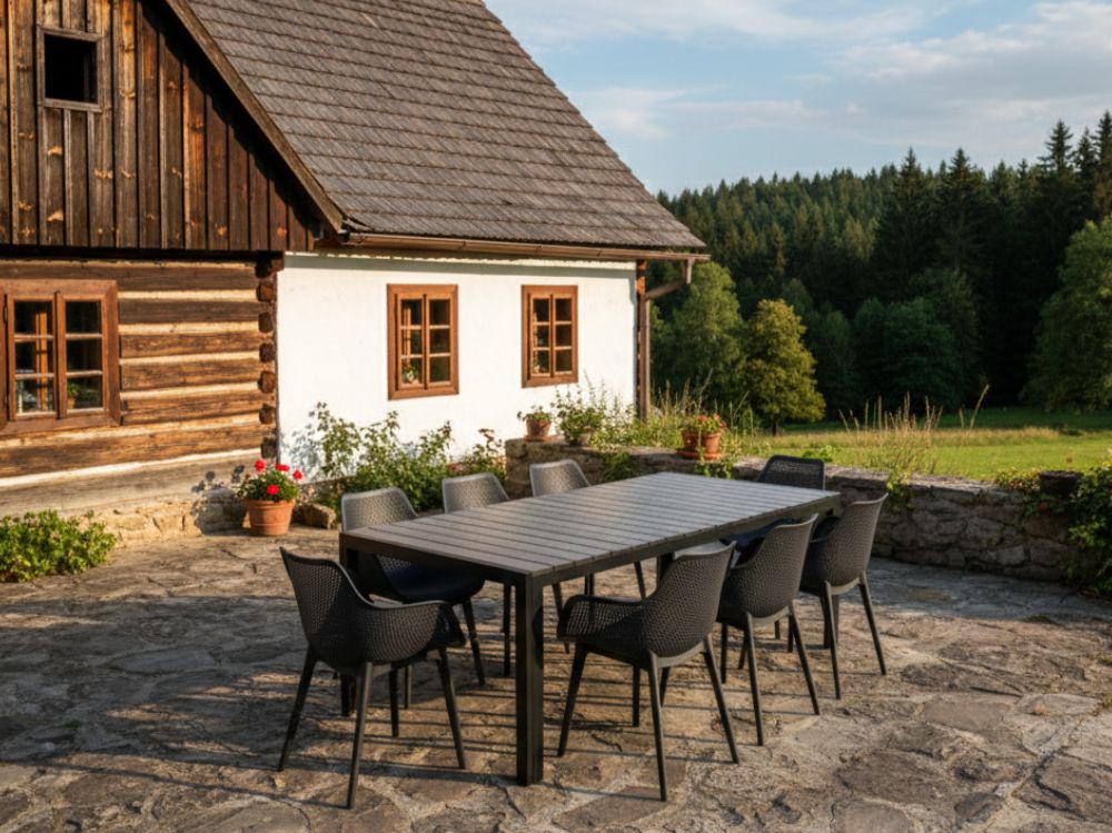 Hliníkový set: stůl Jerry 220cm tmavě šedý a 8 designových křesel Jasper