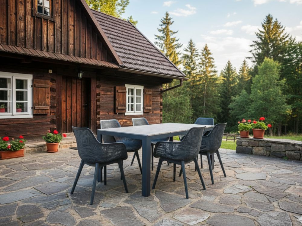 Hliníkový nábytek:stůl Jersey 160cm pískový a 6 designových křesel Jasper