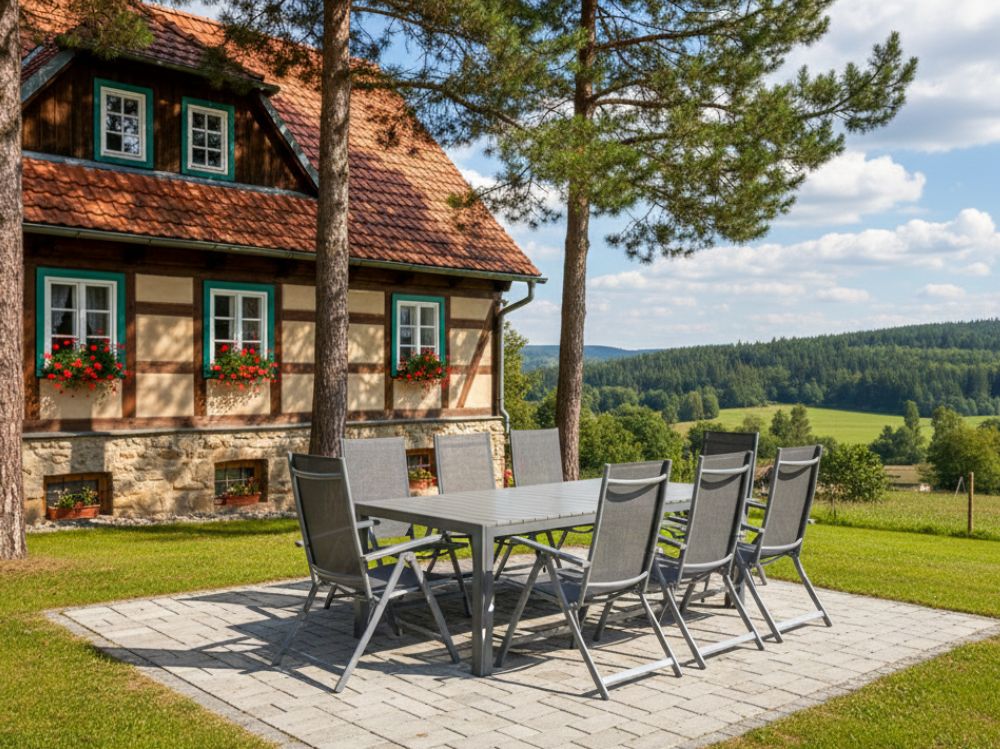 Hliníkový zahradní nábytek: stůl Jerry 220cm tmavě šedý a 8 polohovacích křesel Palermo