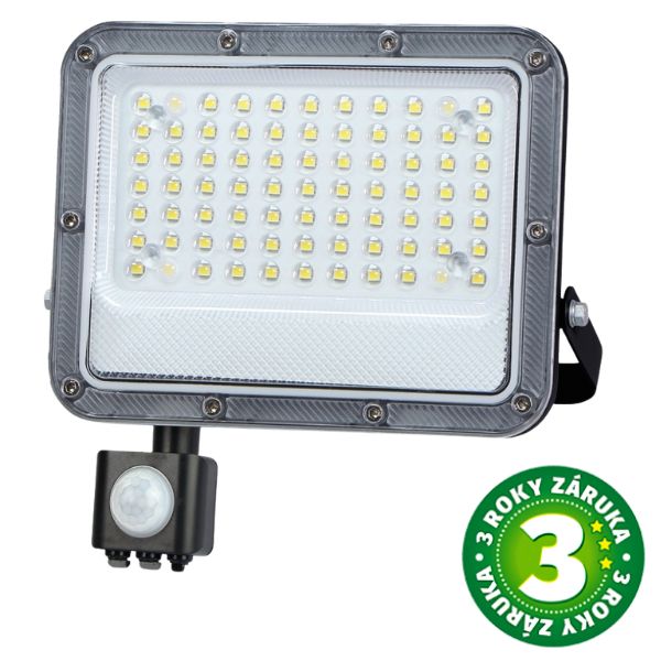 Prémiový ultratenký LED reflektor s čidlem pohybu šedý 50W 4800lm, denní, 3 roky záruka