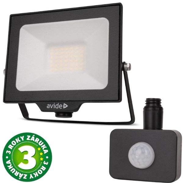 Prémiový ultratenký LED reflektor černý 30W 3000lm, denní, s čidlem pohybu, 3 roky