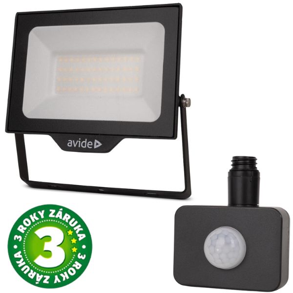 Prémiový ultratenký LED reflektor černý 50W 5000lm, denní, s čidlem pohybu, 3 roky