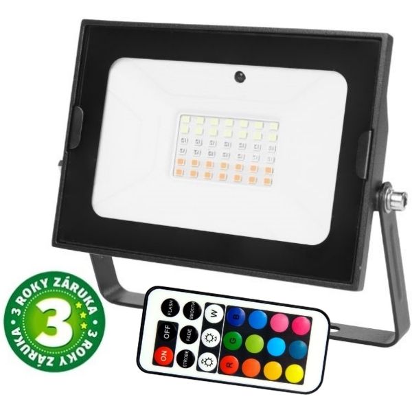 Prémiový stmívatelný LED reflektor černý  30W 1396lm, RGB, s dálkovým ovládáním, 3 roky