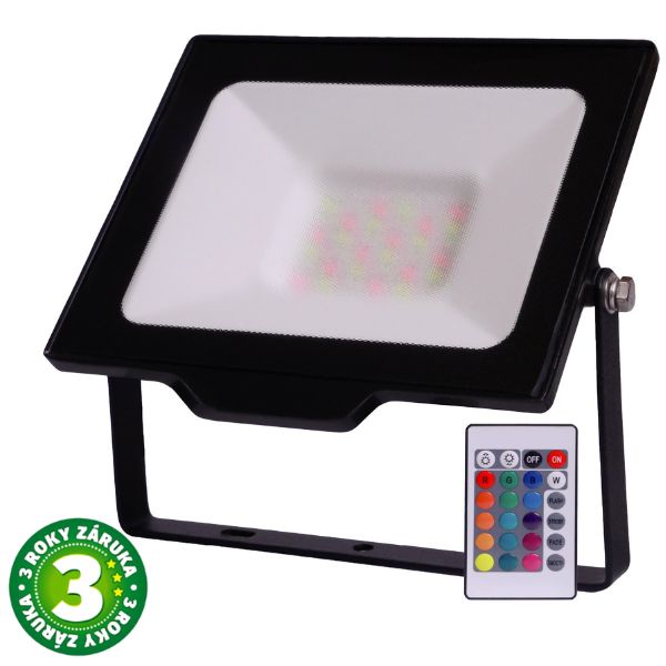 Prémiový stmívatelný LED reflektor černý 30W RGB, mlžné sklo, s dálkovým ovládáním, 3 roky