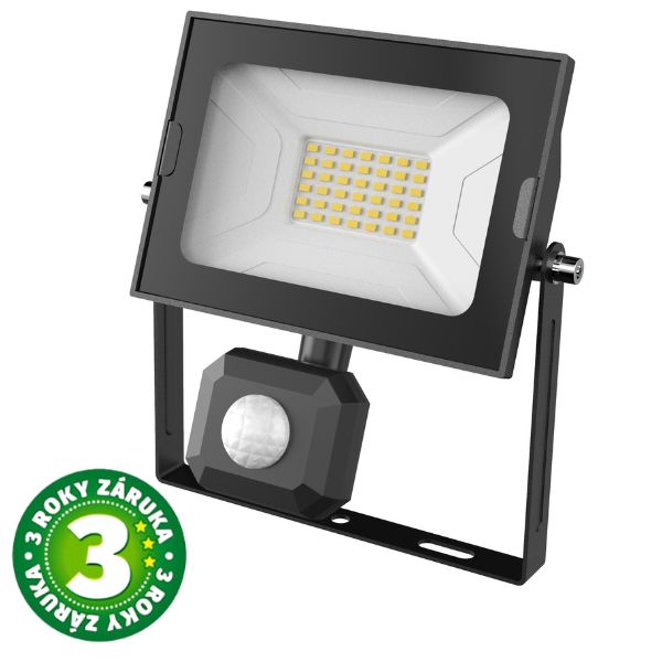 Prémiový ultratenký LED reflektor s čidlem pohybu černý 30W 3000lm, studená, 3 roky