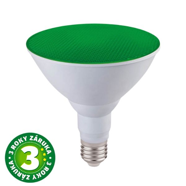 Prémiová barevná LED žárovka E27 15W, PAR38, reflektorová, zelená, 3 roky záruka
