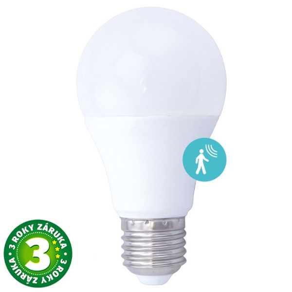 Prémiová LED žárovka E27 s mikrovlnným čidlem pohybu 9W, 950lm, teplá, ekv. 69W, 3 roky