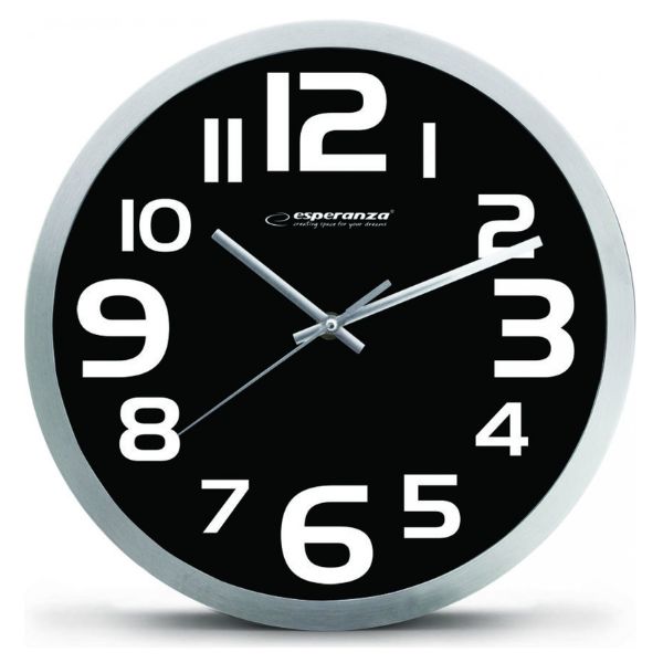 Nástěnné hodiny 25cm černé s velkými číslicemi, stříbrný okraj, na 1 baterii AA