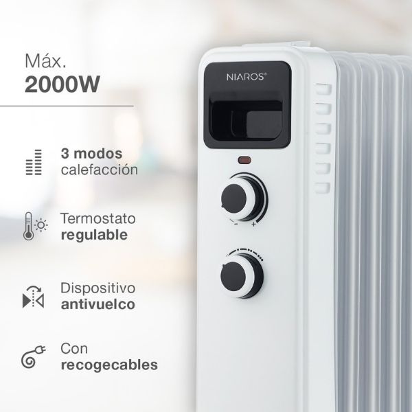 Olejový radiátor 3 režimy max 2000W 9 žeber kolečka, na 18m2, 3 roky záruka