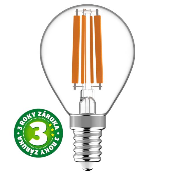 Prémiová retro LED žárovka E14 6,5W 806lm G45 teplá, filament, ekv. 60W, 3 roky