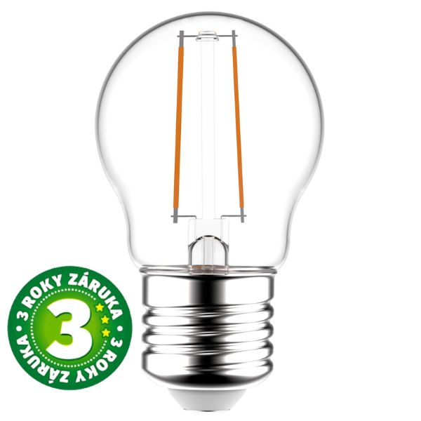 Prémiová retro LED žárovka E27 2,5W 250lm G45 teplá, filament, ekv. 25W, 3 roky