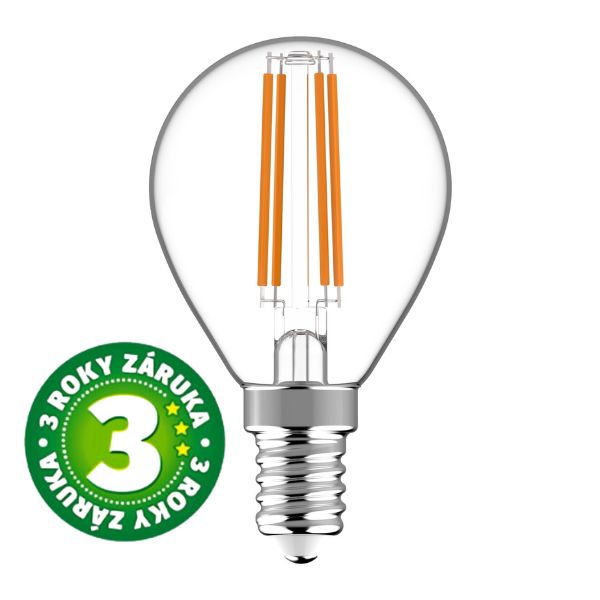 Ultra úsporná prémiová retro LED žárovka E14 4,9W 806lm G45 denní filament ekv. 60W 3 roky