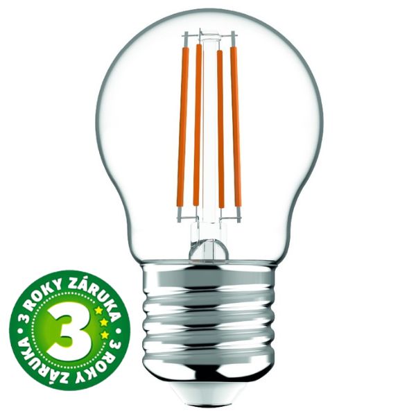 Prémiová retro LED žárovka E27 4,5W 470lm G45 teplá, filament, ekv. 40W, 3 roky