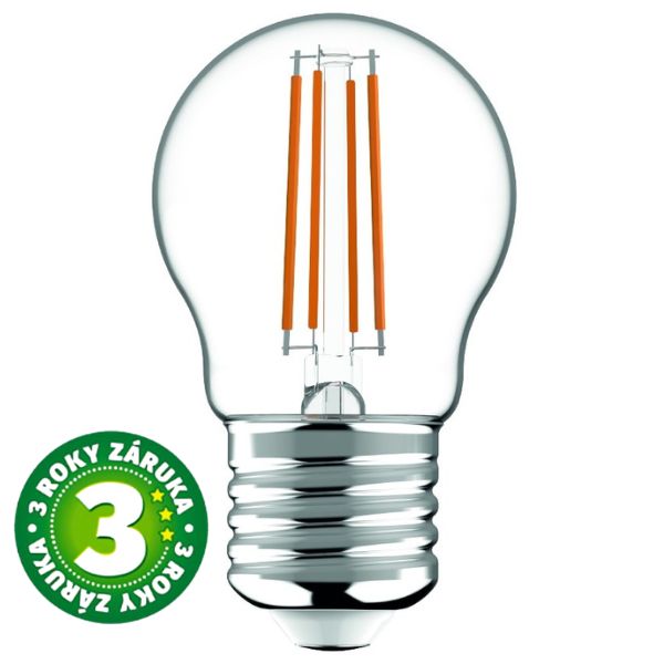 Prémiová retro LED žárovka E27 4,5W 470lm G45 denní, filament, ekv. 40W, 3 roky