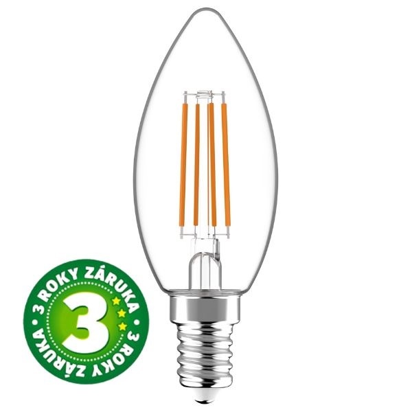 Prémiová retro LED žárovka svíčka E14 4,5W 470lm teplá, filament, ekv. 40W, 3 roky