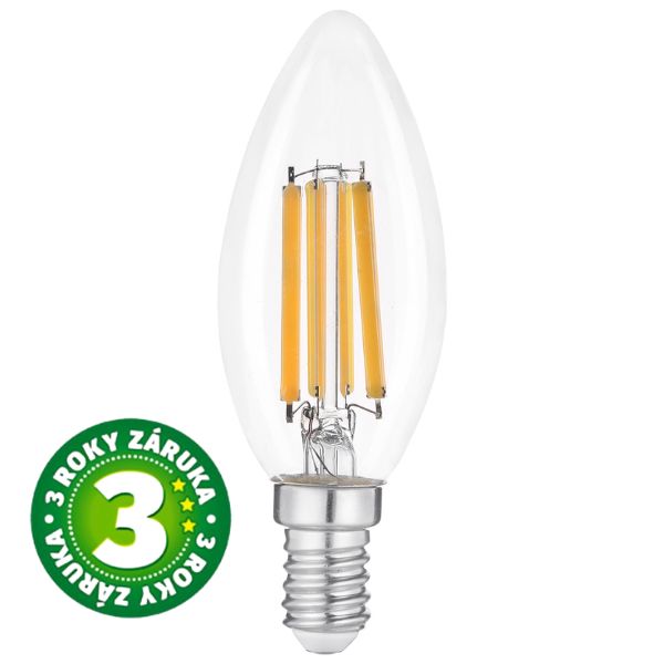 Prémiová retro LED žárovka svíčka E14 6,5W 806lm, denní, filament, ekv. 60W, 3 roky