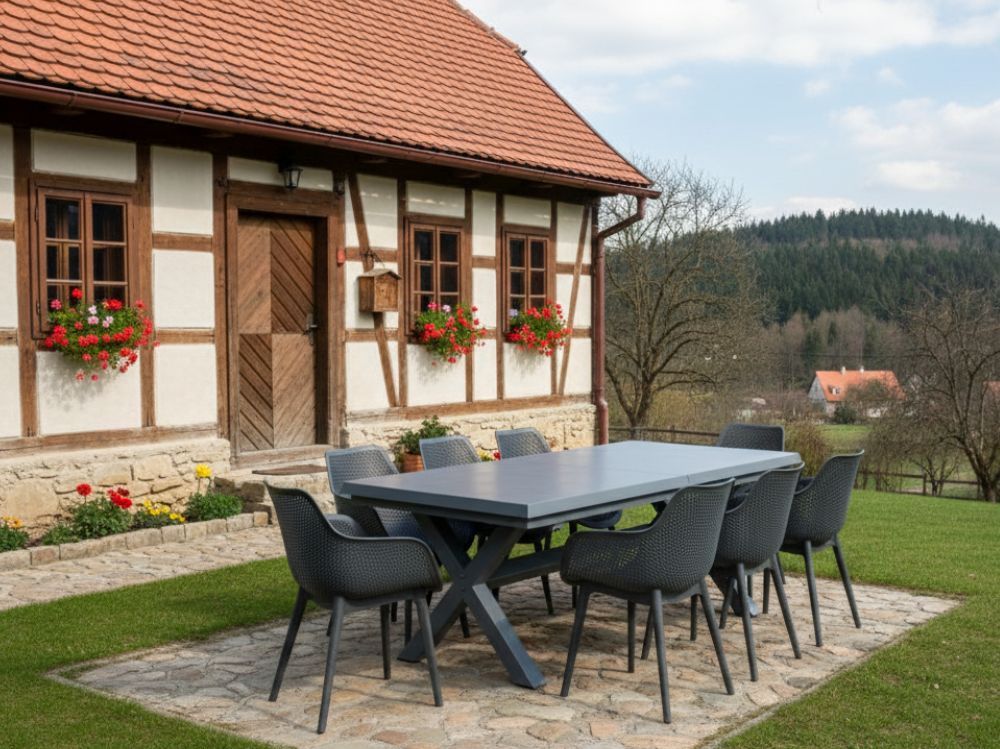 Hliníkový zahradní nábytek rozkládací stůl Gerardo 205/265cm a 8 designových křesel Jasper