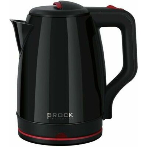 Rychlovarná konvice 2l, Brock, 1500W, nerez, lesklý černý lak a červené prvky