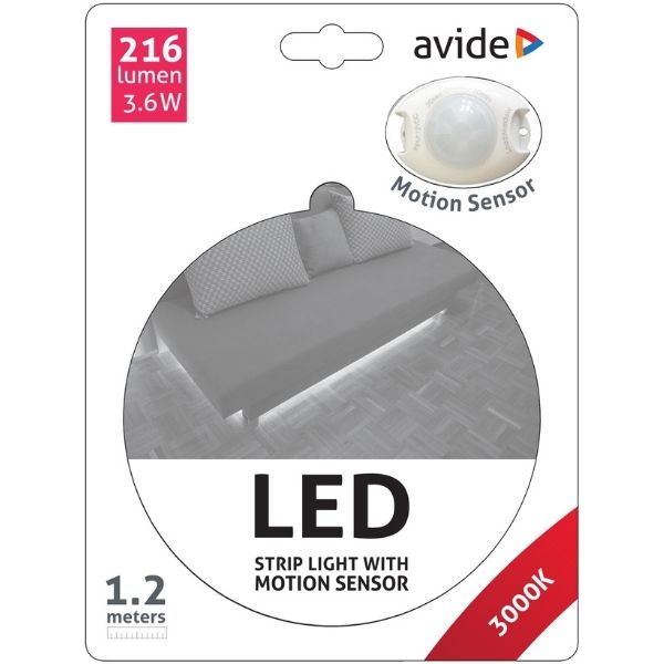 Set: voděodolný LED pásek pod postel 3,6W 300lm, teplá, 1,2m s čidlem pohybu a zdrojem