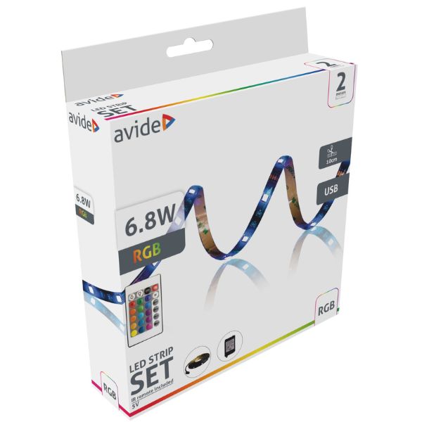 Set: voděodolný LED pásek 6,8W/m, 75lm/m, RGB, délka 2m, s dálkovým ovládáním a USB