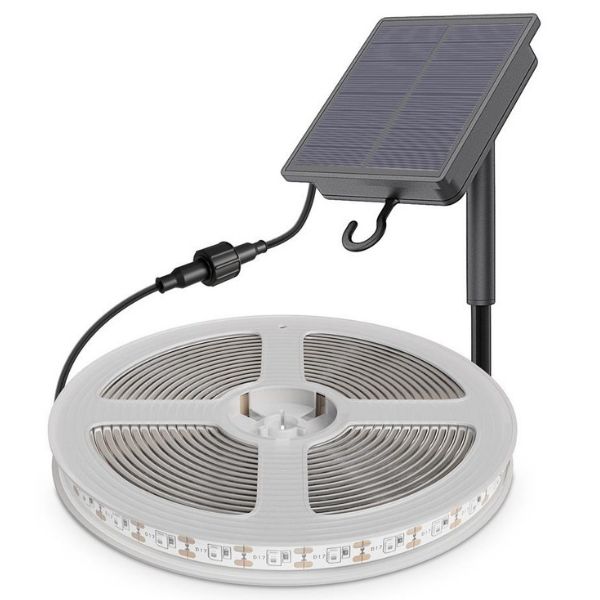Set: Barevný LED pásek 5m, stmívatelný s dálkovým ovládáním a solárním panelem IP65