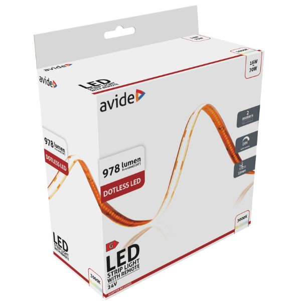 Set: LED pásek 24V COB 8W/m 489lm/m, teplá, 2m s dálkovým ovládáním a napájecím zdrojem