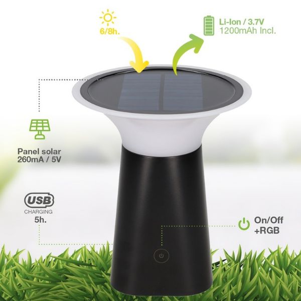 Solární LED stolní lampa s nabíjením USB, teplá, stmívatelná, 3W, 100lm, 19cm, 3 roky zár.