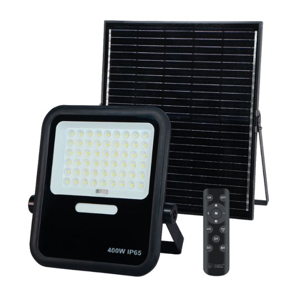 Venkovní solární LED reflektor 400W, 3000lm, studená bílá, samostatný solární panel, DO