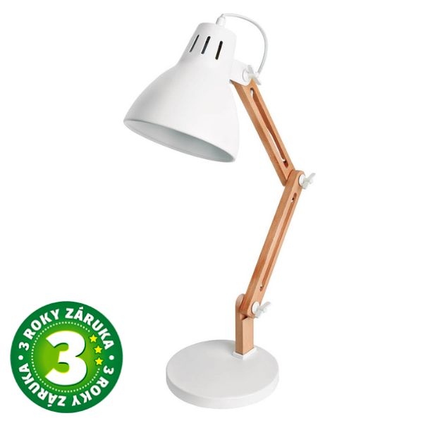 Kloubová stolní lampa Hamu, na 1 žárovku E27 max 11W, dřevo a bílý kov