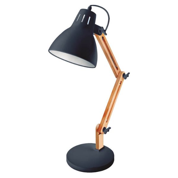 Kloubová stolní lampa Hamu, na 1 žárovku E27 max 11W, dřevo a černý kov
