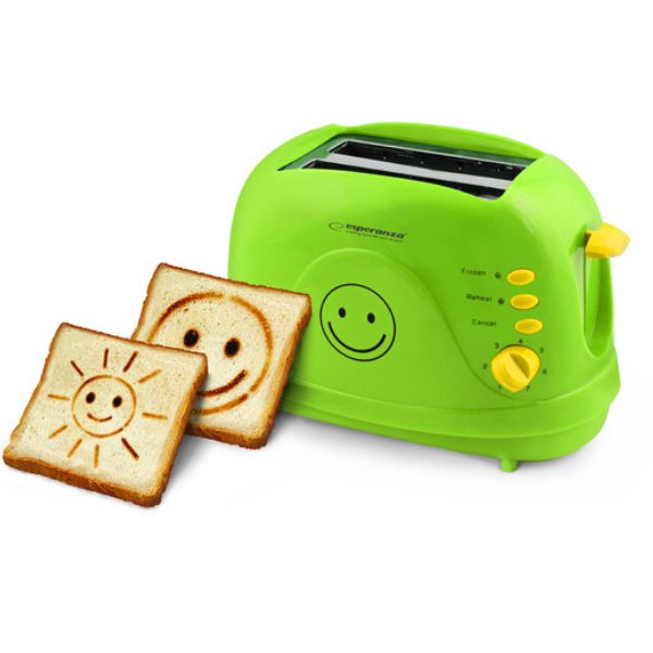 Topinkovač na 2 toasty, 750W, vypaluje smajlíky, funkce přihřátí a rozmrazení, zelený