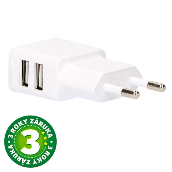 USB nabíjecí adaptér do sítě 5V/2A, 2xUSB A, bílý, 3 roky