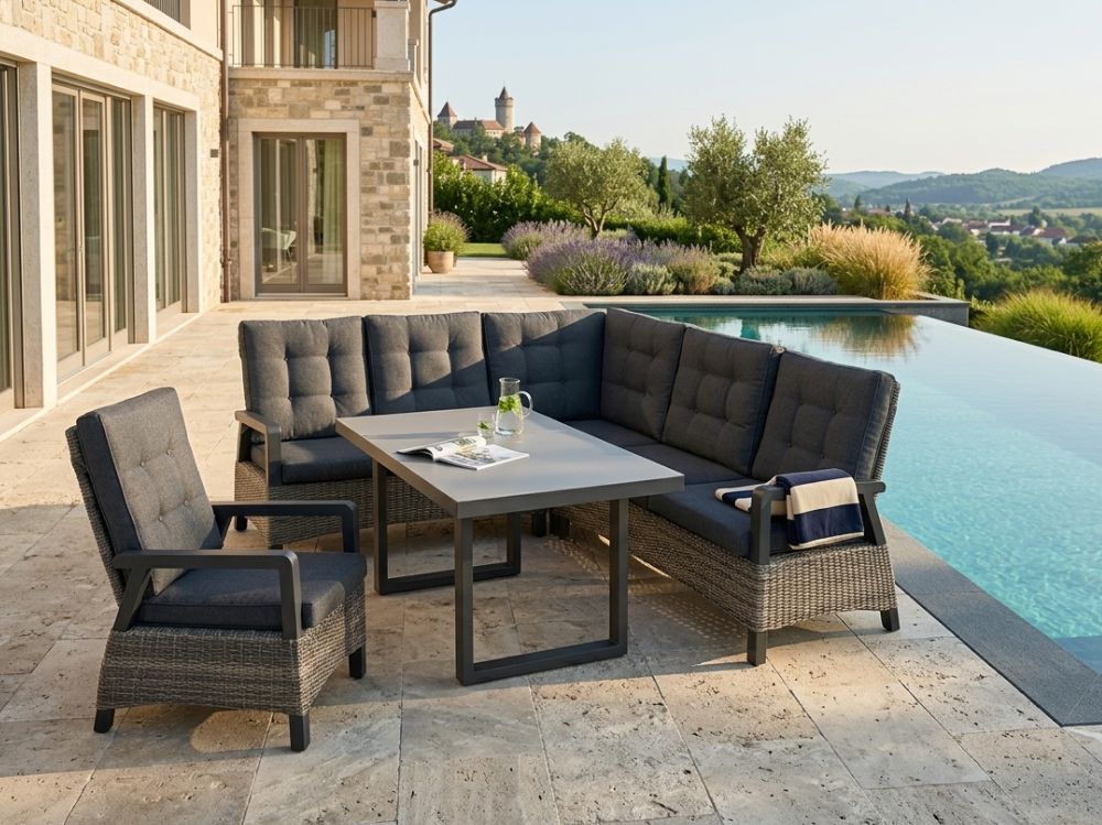 Zahradní sestava s vysokou opěrkou Princess 6 osob kulatý šedobéžový ratan hliník 274x212