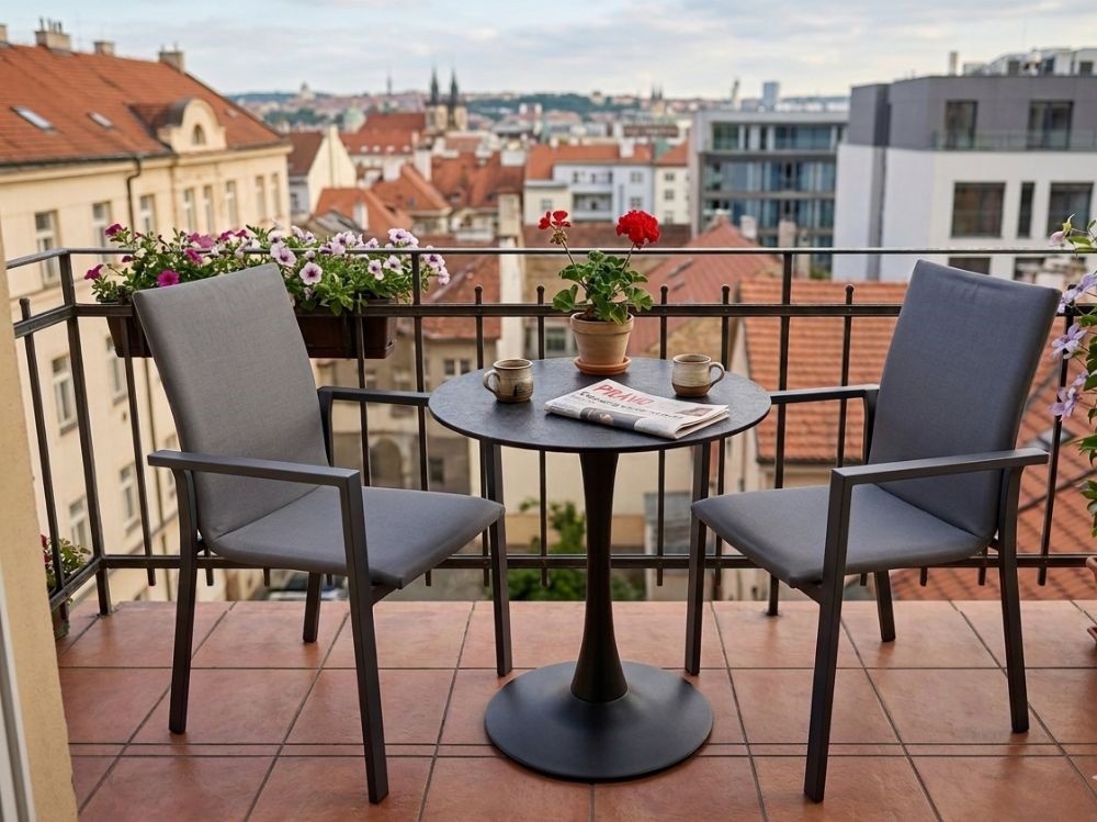 Zahradní set: kulatý stůl Jamy 70cm a 2 polstrovaná stohovatelná křesla Jony – LTC