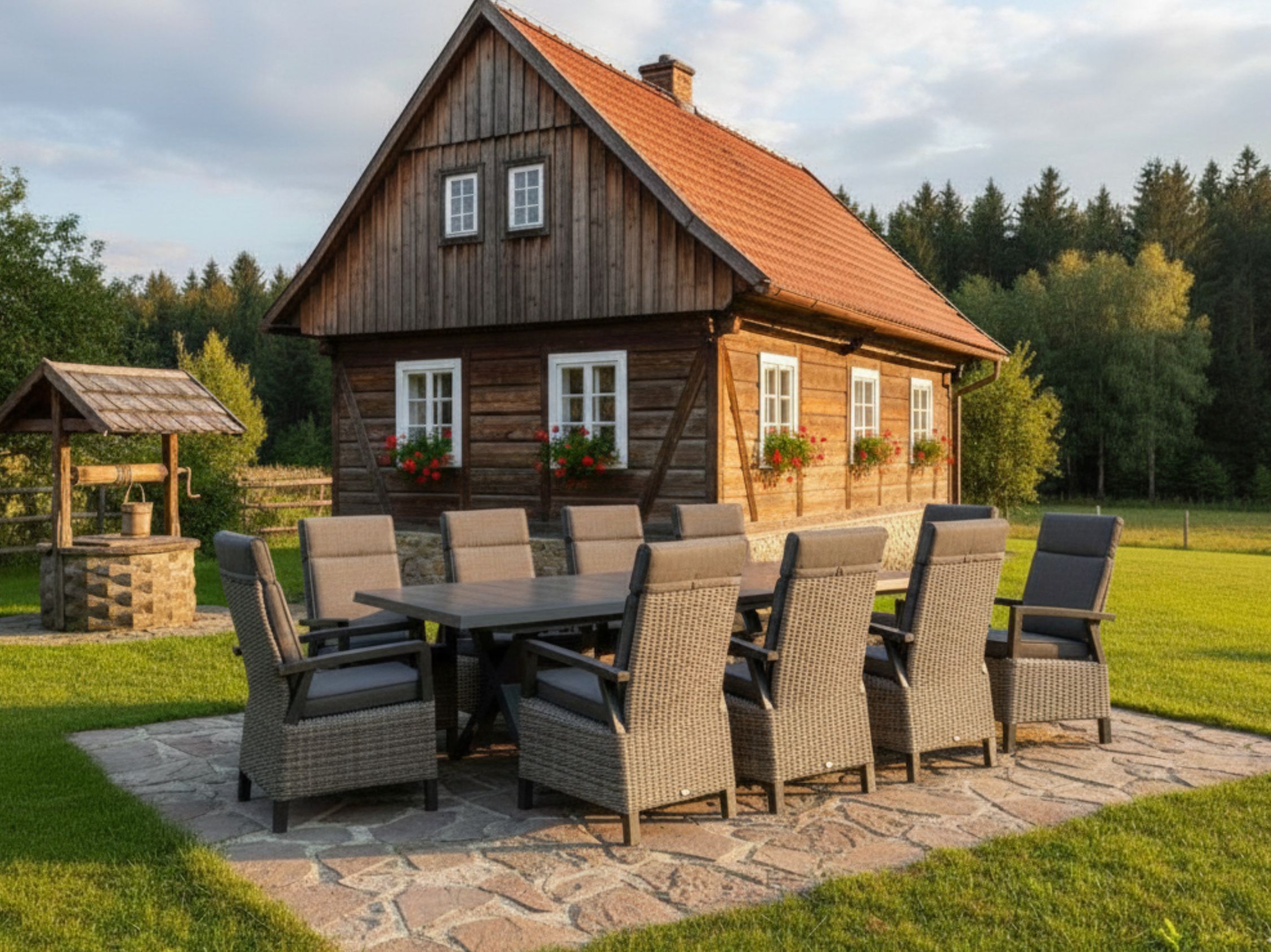 Zahradní set rozkládací stůl Gerardo 205/265cm a 10 velkých polohovatelných křesel Preston